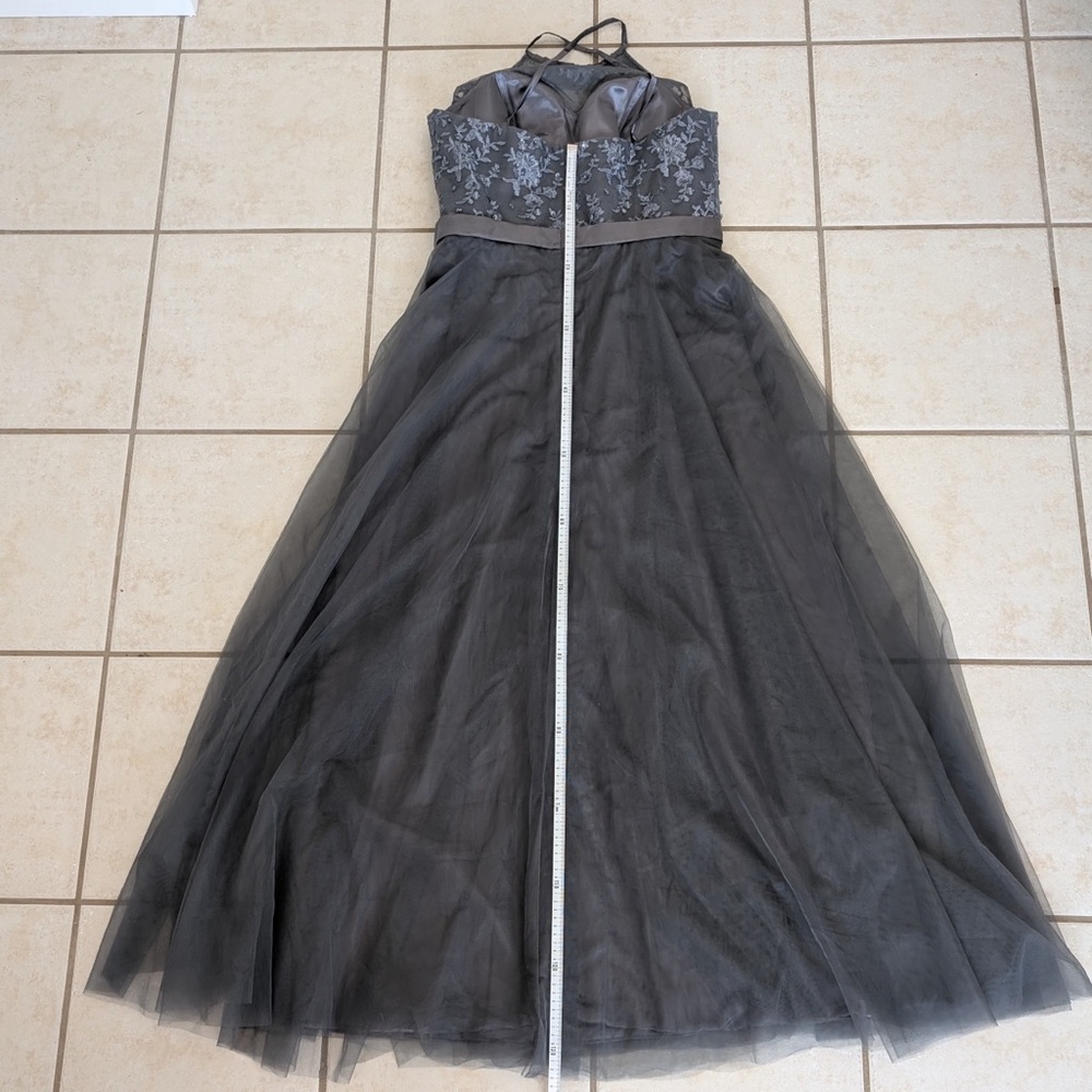 Size L/XL Beaded Grey Silver Cross-Back Mesh Boat Neck Formal Prom Dress Gown - Picture 11 of 15